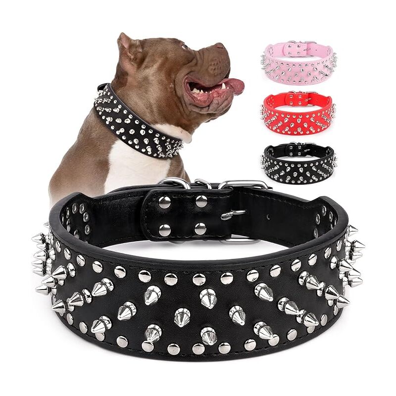 foto del prodotto collare per cani con borchie larghe e regolabili, collare per cani in pelle pu con rivetto a fungo, collare per cani con borchie resistenti per razze