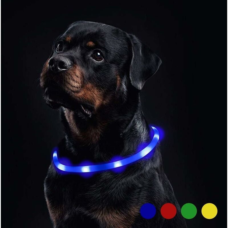 foto del prodotto collare per cani con luce led impermeabile, con 20 ore di luce continua. ricaricabile tramite usb, ha 3 modalit di illuminazione. italiano 