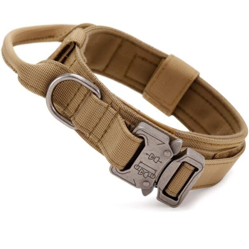 foto del prodotto collare tattico marrone per cani con maniglia di controllo, collare militare regolabile in nylon con fibbia in metallo, imbottito per cani di taglia