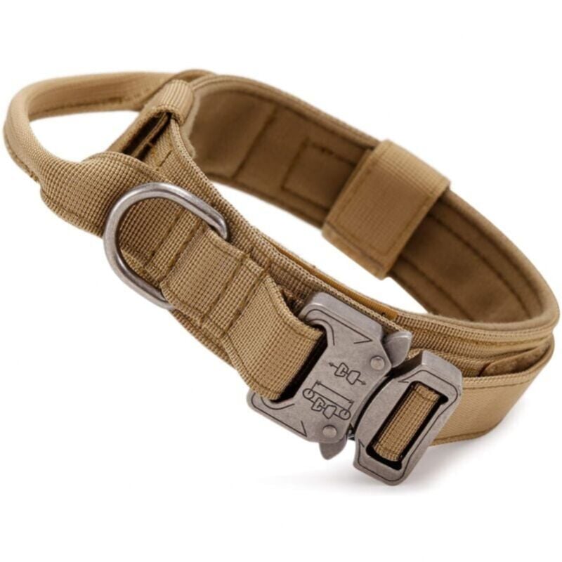 foto del prodotto collare tattico marrone per cani con maniglia di controllo, collare militare regolabile in nylon, fibbia in metallo, imbottito per cani di taglia