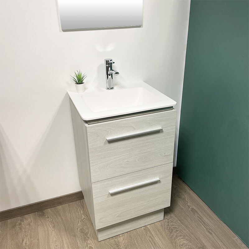 foto del prodotto collezione beop mobile sospeso o da terra 52 cm rovere sbiancato con piano lavabo 2 cassetti byca