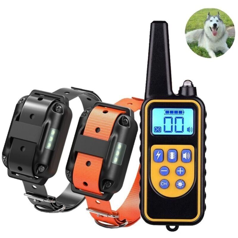 foto del prodotto collier de dressage pour deux chiens rechargeable et ip67 tanche avec distance de 800m avec 99 niveaux de mode vibration, choc electrique, sonore.