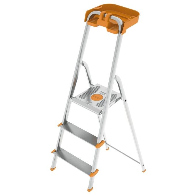 foto del prodotto colombo scala attica 3 gradini in alluminio con gradini e piedini antiscivolo e vaschetta portautensili ribaltabile en131 made in italy