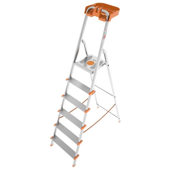 foto del prodotto colombo scala attica 8 gradini in alluminio con gradini e piedini antiscivolo e vaschetta portautensili ribaltabile en131 made in italy