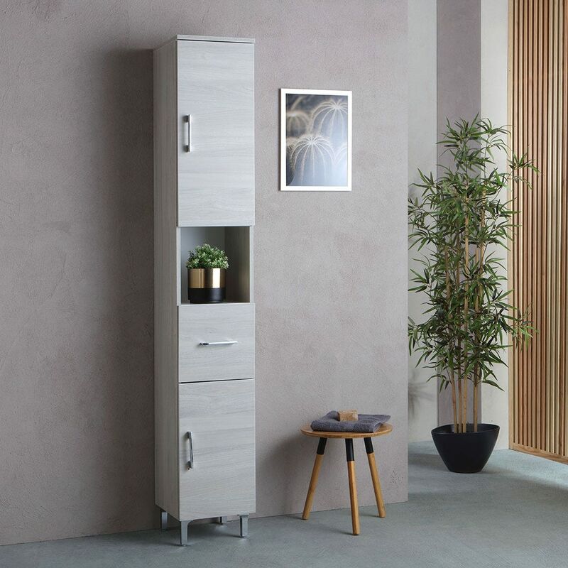 foto del prodotto colonna bagno legno grigio, ante, cassetto e vano a giorno rimini