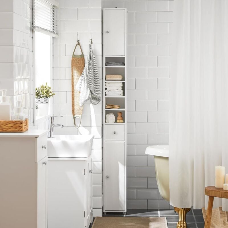 foto del prodotto colonna bagno stretta mobile bagno idrorepellente, alto con ripiani regolabili e cassetto armadietto salvaspazio, mdf, bianco, 20x180x20cm,