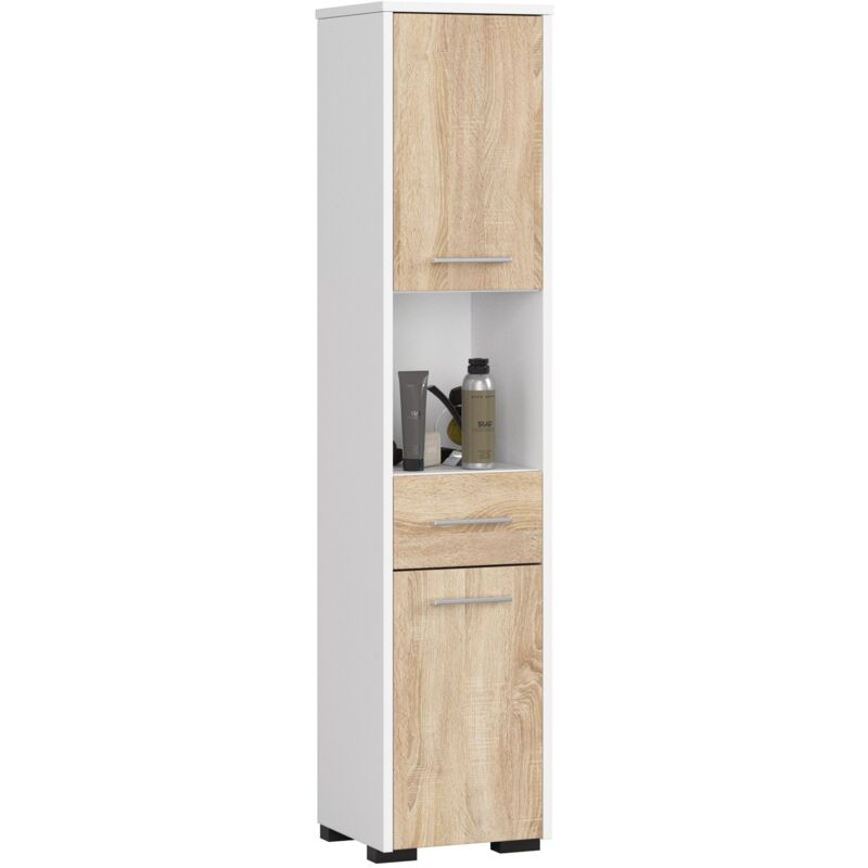 foto del prodotto colonna da bagno akord fin bianca 30 cm 2 ante 1 cassetto inserto frontale sonoma quercia 30x30x140 cm