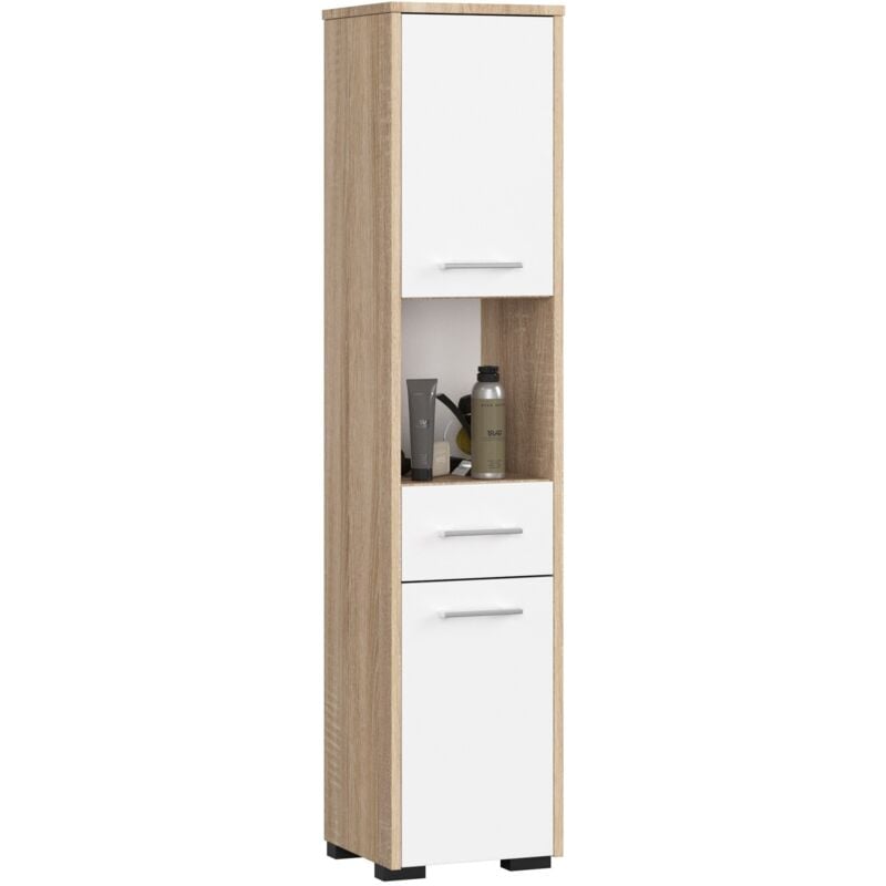 foto del prodotto colonna da bagno akord fin sonoma quercia 30 cm 2 ante 1 cassetto inserto frontale bianco 30x30x140 cm