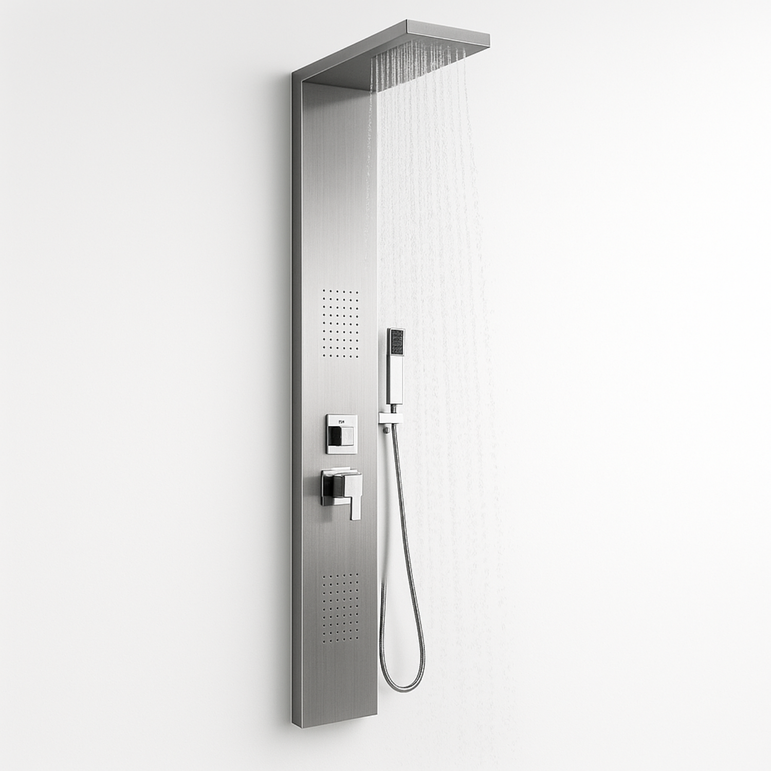 foto del prodotto colonna doccia 002 4 funzioni acciaio inox getto a cascata 2 bocchette idro lombari l20xp44xh170 finitura spazzo...