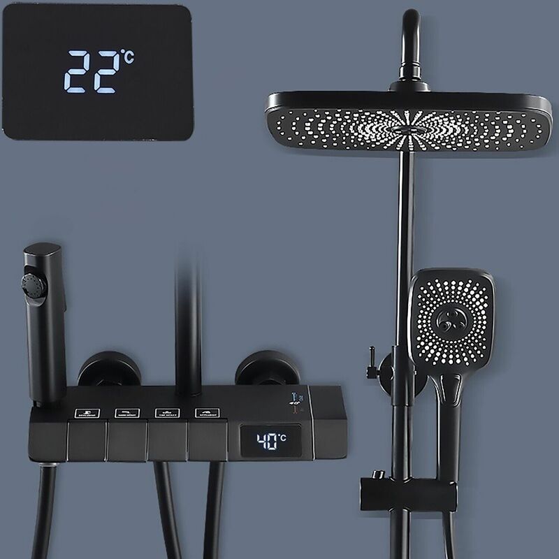 foto del prodotto colonna doccia con display digitale lcd,nera multifunzione sistema doccia con miscelatore per vasca,soffione doccia quadrata,ripiano,regolabili asta