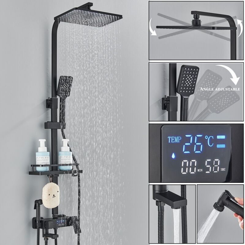 foto del prodotto colonna doccia con display lcd,nera multifunzione sistema doccia con miscelatore per vasca,soffione doccia quadrata,ripiano onyzpily