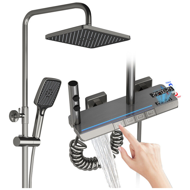 foto del prodotto colonna doccia con led miscelatore display digitale set doccia a parete con tasti di pianoforte a 4 funzioni, con soffione 30x20 cm doccia a mano