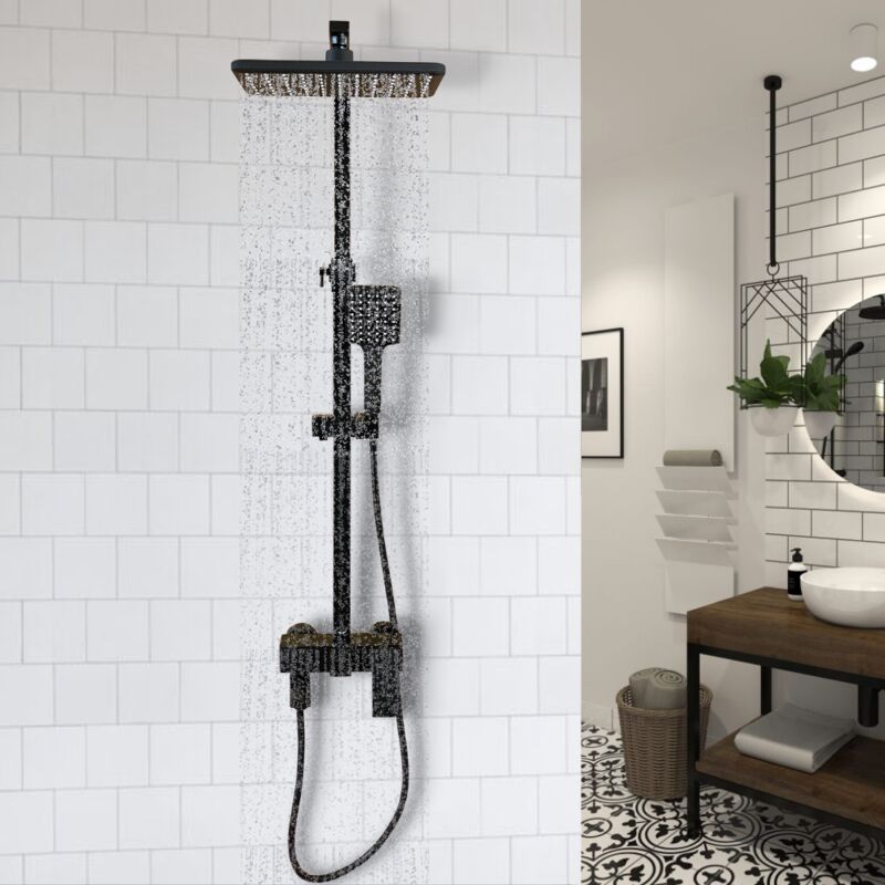 foto del prodotto colonna doccia con miscelatore, saliscendi asta doccia con soffione 360 e doccetta, deviatore multifunzione acciaio inox nero