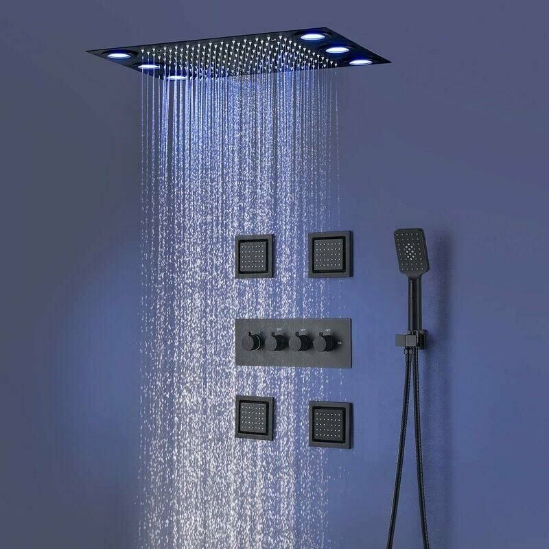 foto del prodotto colonna doccia con miscelatore termostatico, 500x360mm 3 funzioni sistema doccia a led a incasso, doccia a pioggia, 4 120x130mm ugelli di massaggio,