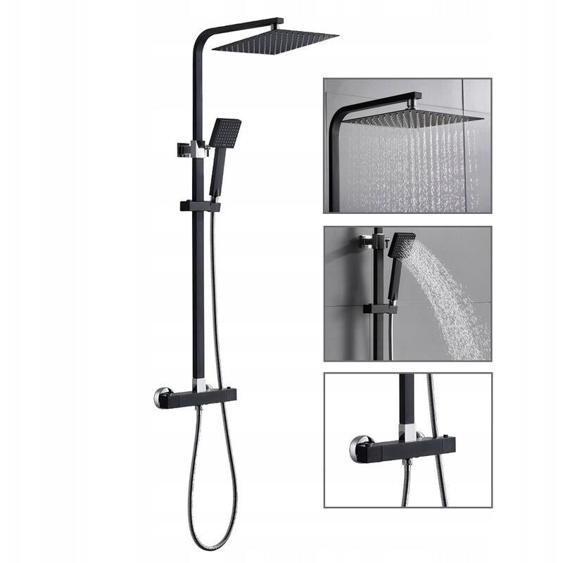 foto del prodotto colonna doccia con miscelatore termostatico, nero, set doccia, doccia superiore ultrasottile 25x25cm, altezza regolabile