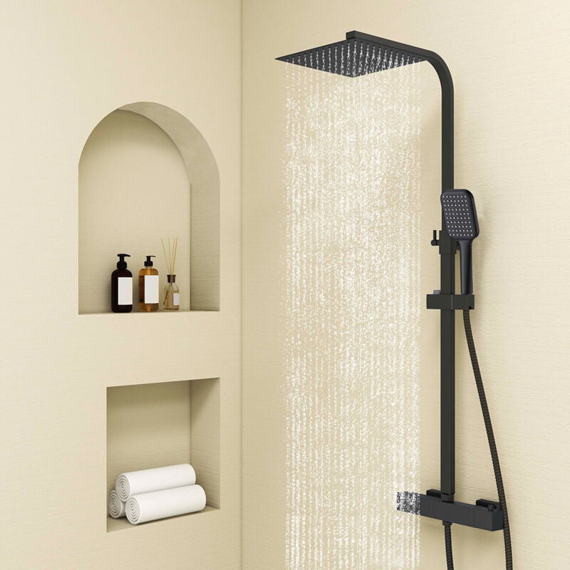 foto del prodotto colonna doccia con miscelatore termostatico, sistema doccia antiscottatura, set doccia con soffione 25cm a pioggia e 9x25cm doccetta, altezza