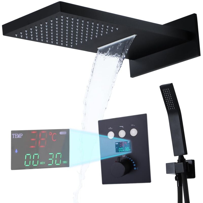 foto del prodotto colonna doccia con soffione e doccetta, colonna doccia termostatica doccia soffione colonna display digitale sistema doccia nero set doccia