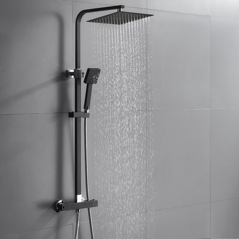 foto del prodotto colonna doccia con termostato nero, doccia regolabile in altezza per bagno, due tipi di getto tra cui scegliere, set doccia auralum
