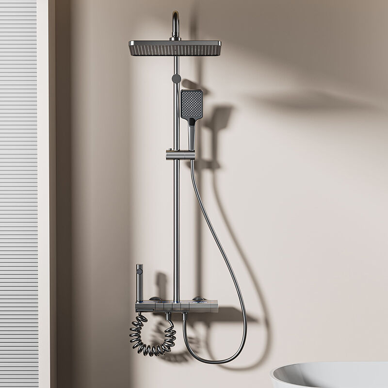 foto del prodotto colonna doccia grigia con display lcd della temperatura dell acqua sistema doccia piano, set doccia a parete con soffione da 30 cm e 20 cm,