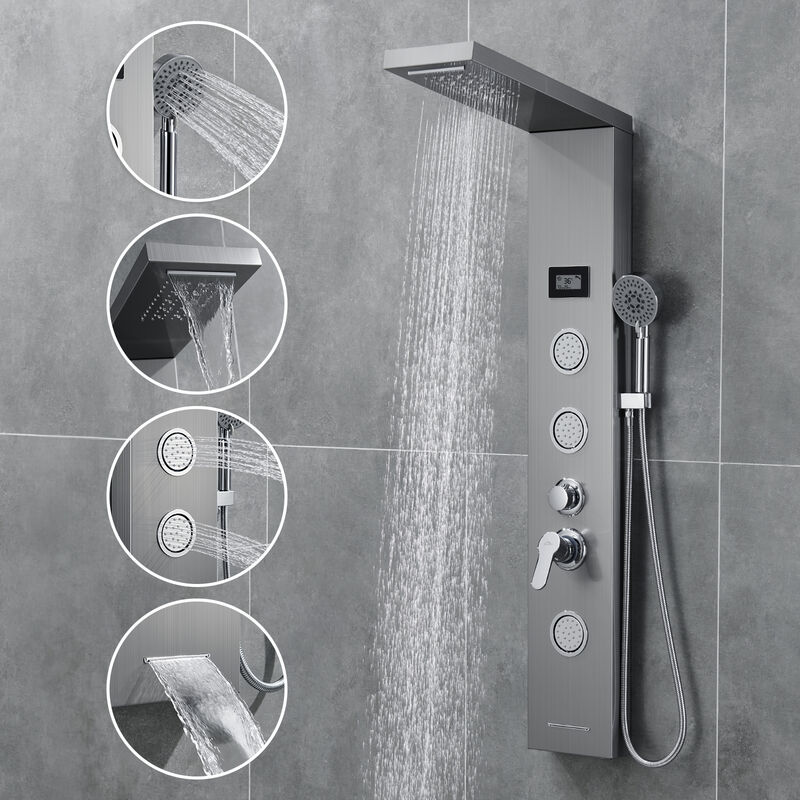 foto del prodotto colonna doccia idromassaggio con luci led in 304 acciaio inox spazzolato per bagno 5 funzioni set de doccia con 3 jets de massaggio, soffione e