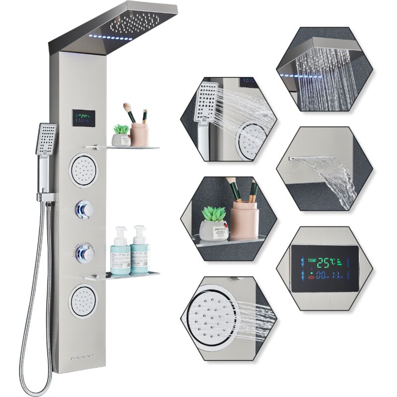 foto del prodotto colonna doccia idromassaggio pannello doccia set in 304 acciaio inox con miscelatore 5 funzioni, doccia spa per bagno,ripiano