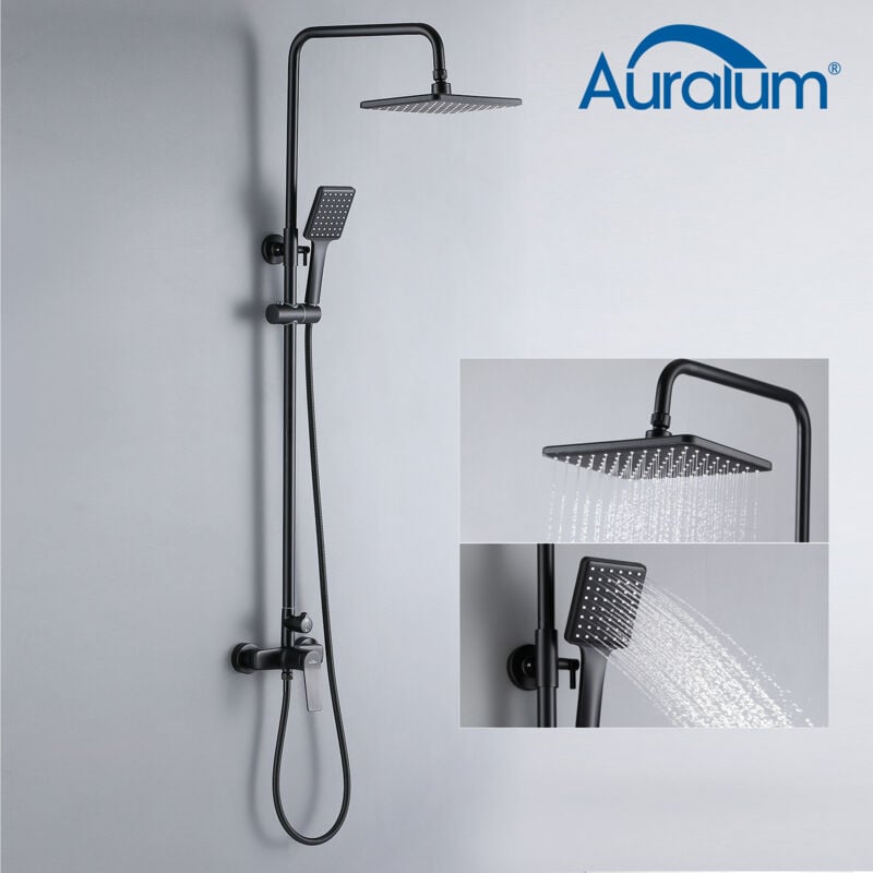 foto del prodotto colonna doccia meccanica nero, set de doccia quadrato con soffione e doccetta, altezza regolabile dopo l installazione 90 124 cm auralum
