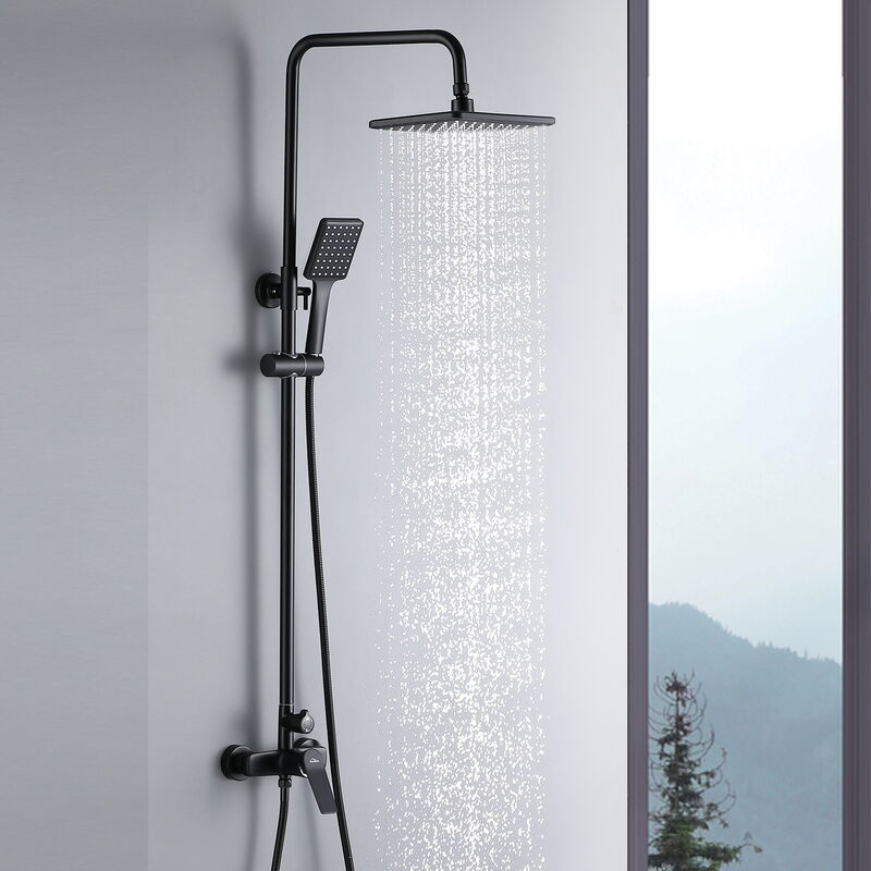 foto del prodotto colonna doccia miscelatore quadrato nero, set de doccia con soffione 29x19cm e doccetta, asta doccia allungabile 90 1240 cm auralum