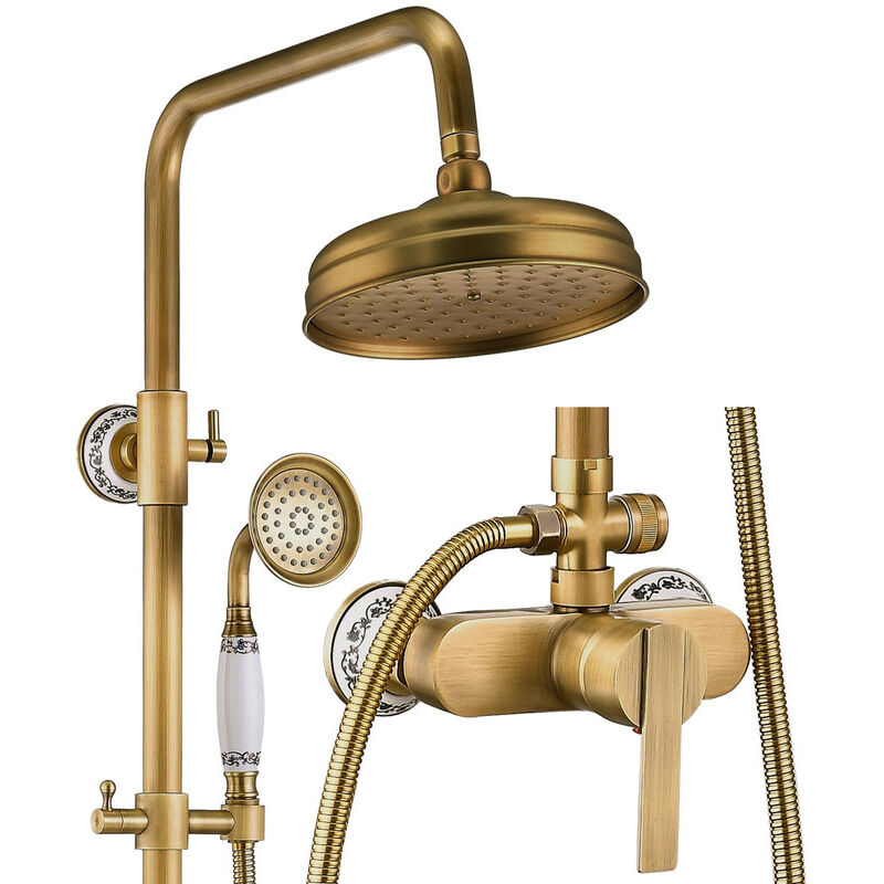 foto del prodotto colonna doccia retro ottone doccia soffione colonna montaggio a parete set doccia con 20 cm girevole soffione doccia a pioggia, doccetta, regolabile