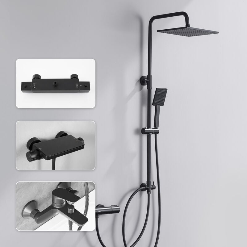 foto del prodotto colonna doccia senza miscelatore, kit completo di doccia a pioggia, soffione doccia di 25,4 x 25,4 cm e doccetta, asta doccia, nero