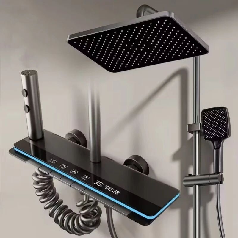 foto del prodotto colonna doccia set di doccia caldo e freddo set di sistema di rubinetto doccia visualizzazione digitale pulsante pianoforte con luce ambiente