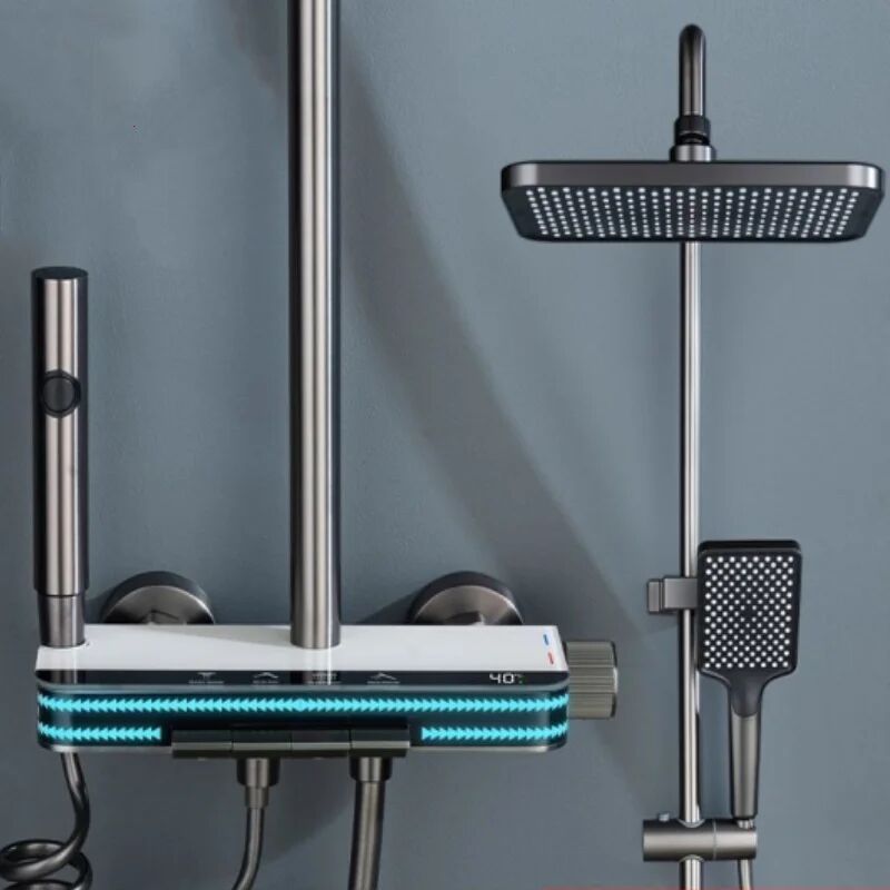 foto del prodotto colonna doccia set di doccia caldo e freddo sistema di rubinetto doccia pianoforte pulsante con luce ambiente rubinetto doccia testa doccia