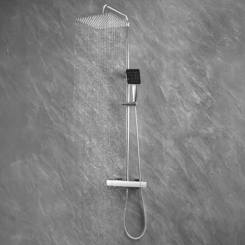 foto del prodotto colonna doccia termostatica, con soffione doccia 30 x 30 cm, soffione doccia 6 getti, regolabile in altezza, set doccia con miscelatore, cromato