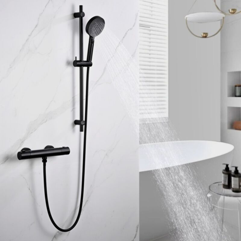 foto del prodotto colonna doccia termostatica miscelatore doccia nero con doccetta a 3 getti e asta doccia set doccia moderno detbom
