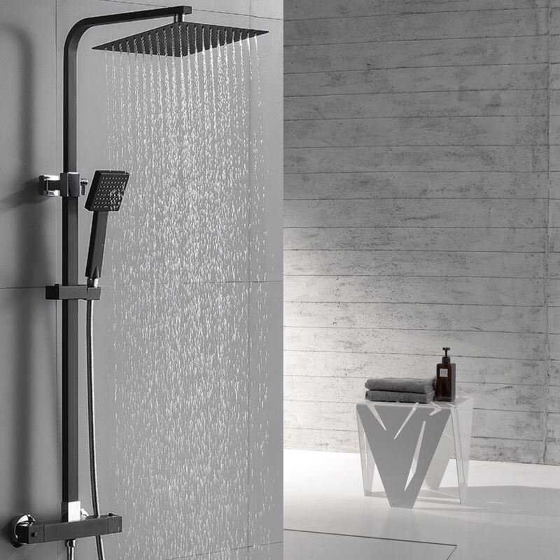 foto del prodotto colonna doccia termostatica nera, set doccia a pioggia bagno, set doccia termostatico, colonna doccia con miscelatore regolabile in altezza auralum