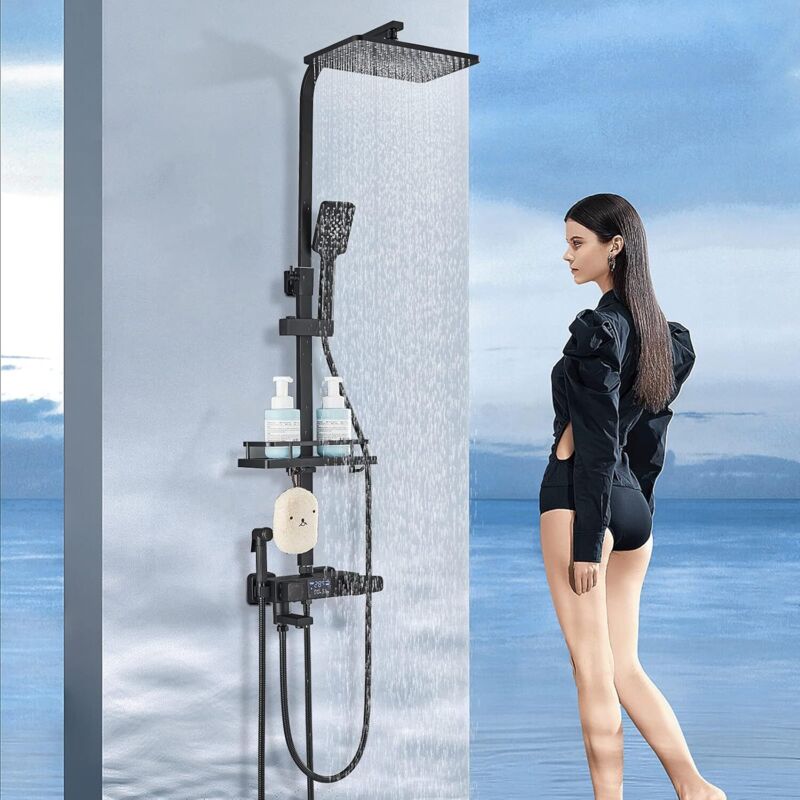 foto del prodotto colonna doccia termostatica nero con miscelatore 38 c,set doccia con 4 funzioni regolabili in altezza,sistema doccia a testa carr eavec doccia a