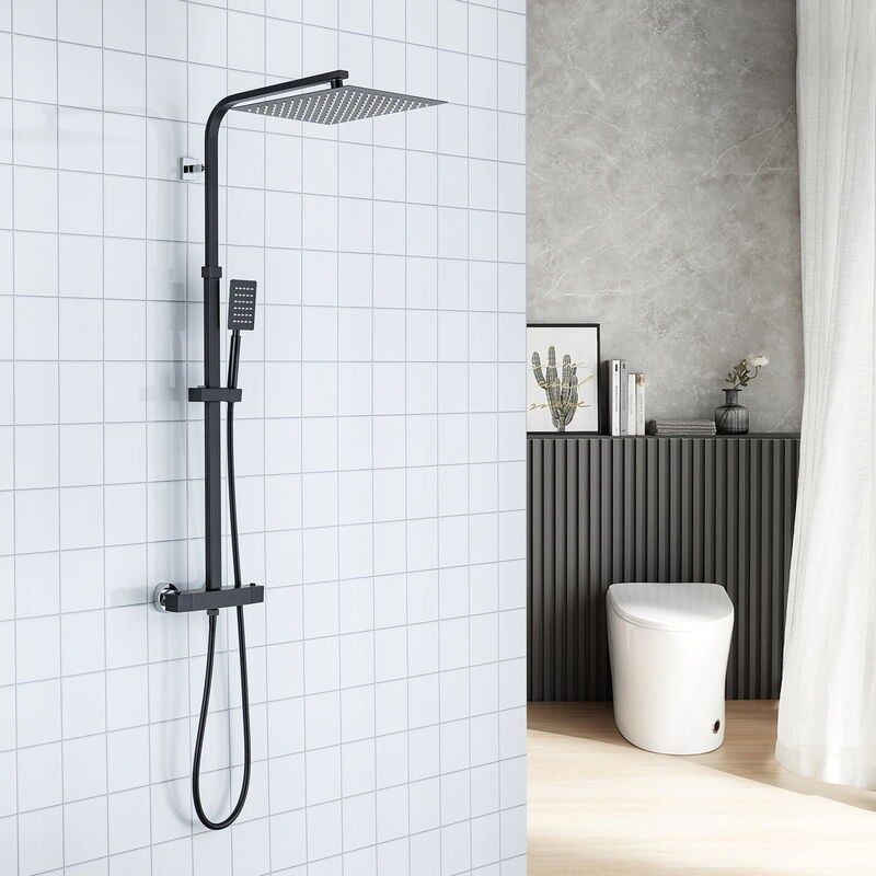 foto del prodotto colonna doccia termostatico con miscelatore, altezza regolabile 96,5 130cm, set doccia in acciaio inox con soffione doccia quadrato 30cm e doccetta.
