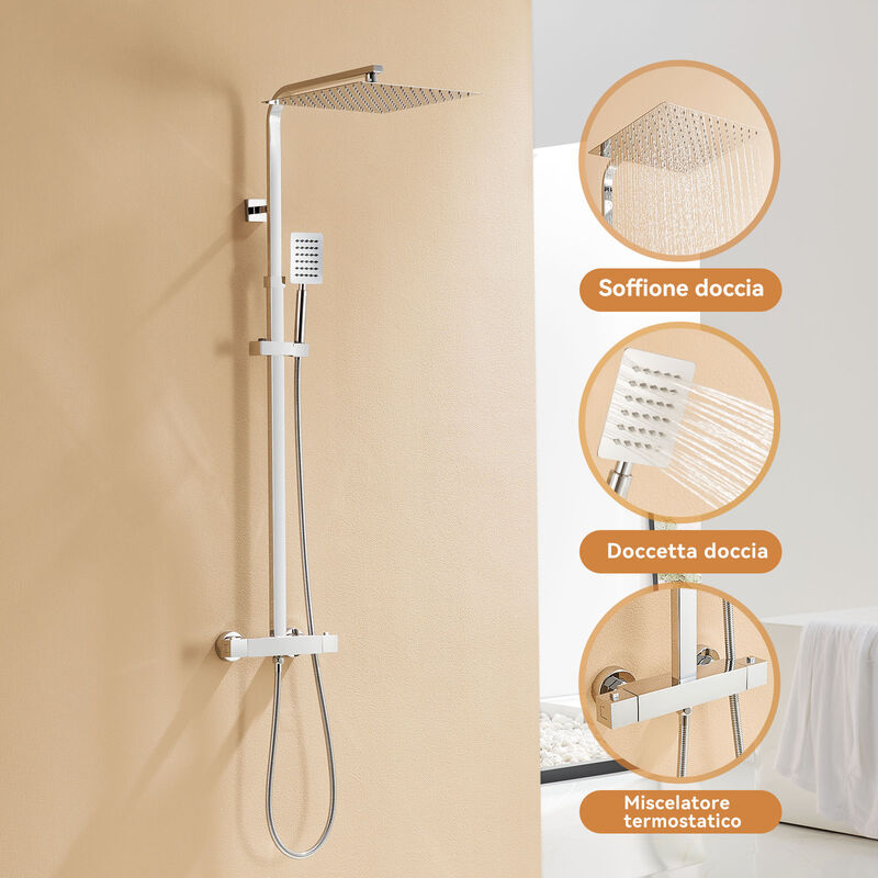 foto del prodotto colonna doccia termostatico in acciaio inox, set doccia termostatico con soffione a pioggia quadrato 30cm e doccetta, altezza regolabile prima