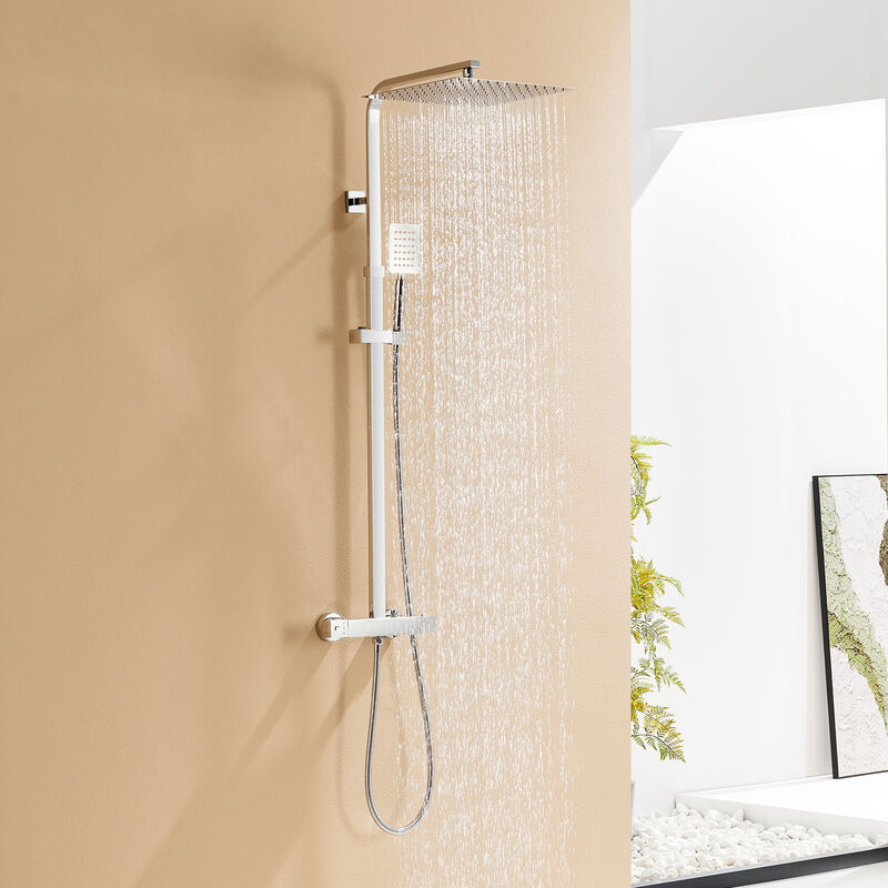 immagine 0 del prodotto colonna doccia termostatico in acciaio inox, sistema doccia antiscottatura, set doccia con soffione a 30cm e doccetta, altezza regolabile 96 130cm