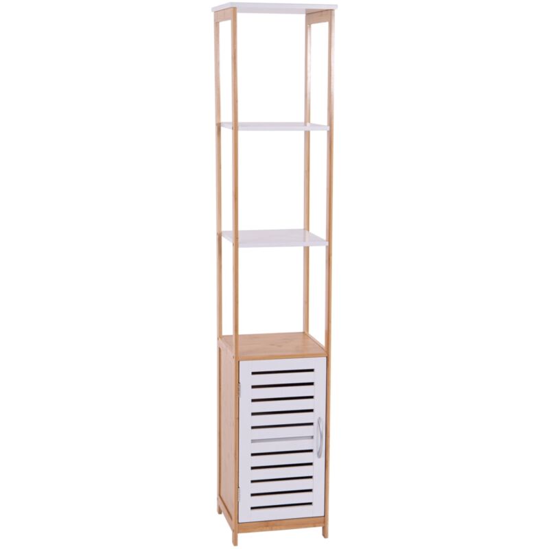 foto del prodotto colonna multiuso con 3 ripiani e 1 anta bianco e legno, 30x30x156 cm
