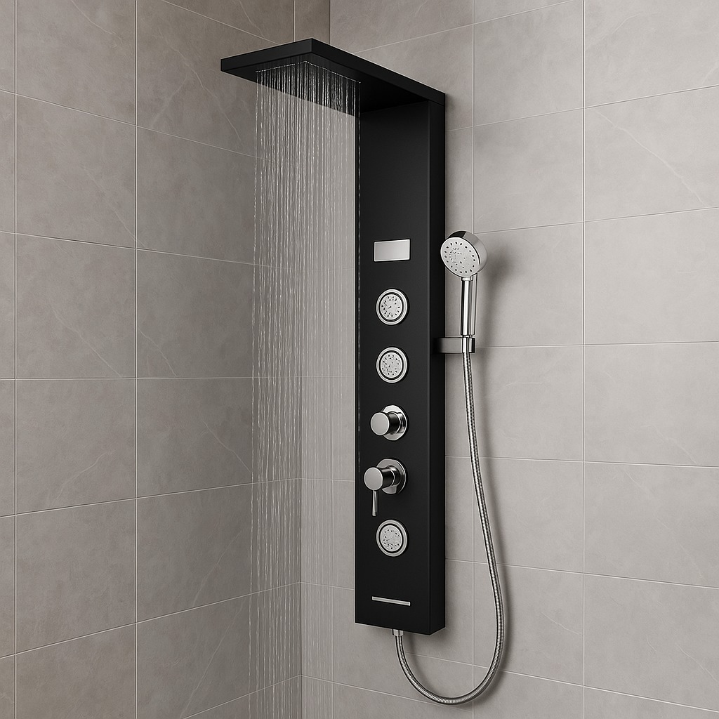 foto del prodotto colonna pannello doccia shine-1 black 4 funzioni luce display temperatura nero