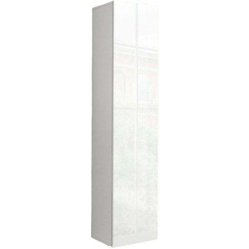 foto del prodotto colonna pensile a 1 anta, made in italy, mobile moderno, mobiletto multiuso con 1 anta e 4 ripiani, cm 40x30h180, colore bianco lucido, con imballo