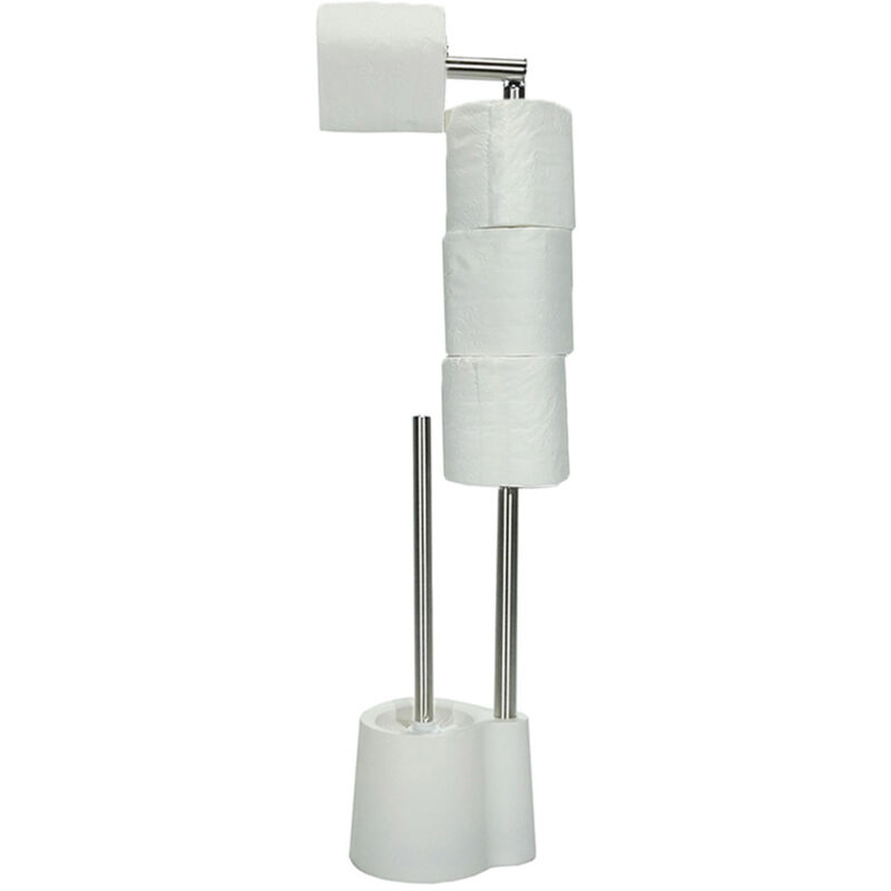 foto del prodotto colonna porta scopino e rotoli carta igenica wc piantana multifunzione 2 in 1 da bagno in acciaio inox e base cemento per arredo