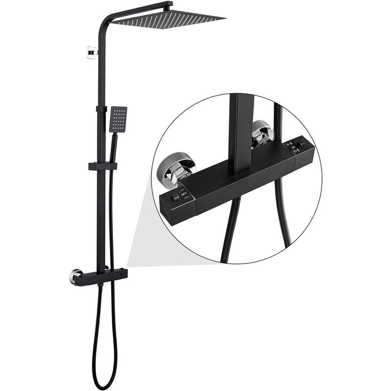 foto del prodotto colonne doccia termostatiche in acciaio inox nero, sistema doccia antiscottatura 38 c con 30cmx30cm soffione e doccetta, asta doccia regolabile in
