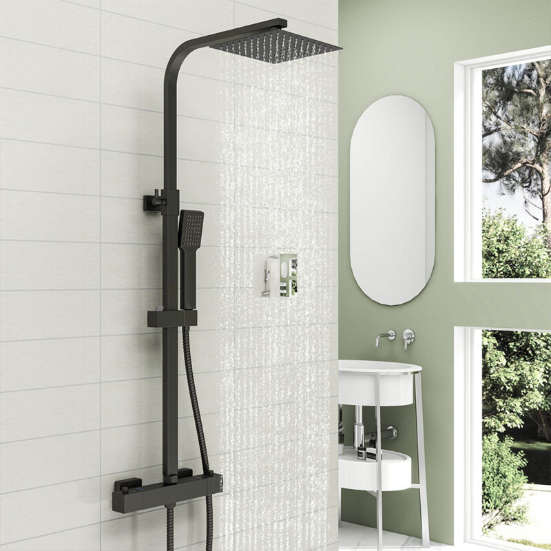 foto del prodotto colonne doccia termostatiche, sistema doccia con miscelatore termostatico colonna doccia con soffione 20x20cm e doccetta 225x65cm nero ocean italy