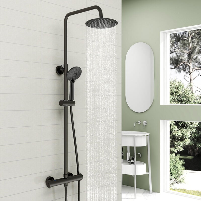 foto del prodotto colonne doccia termostatiche, sistema doccia con miscelatore termostatico colonna doccia con soffione 20x20cm e doccetta 24x11cm nero ocean italy
