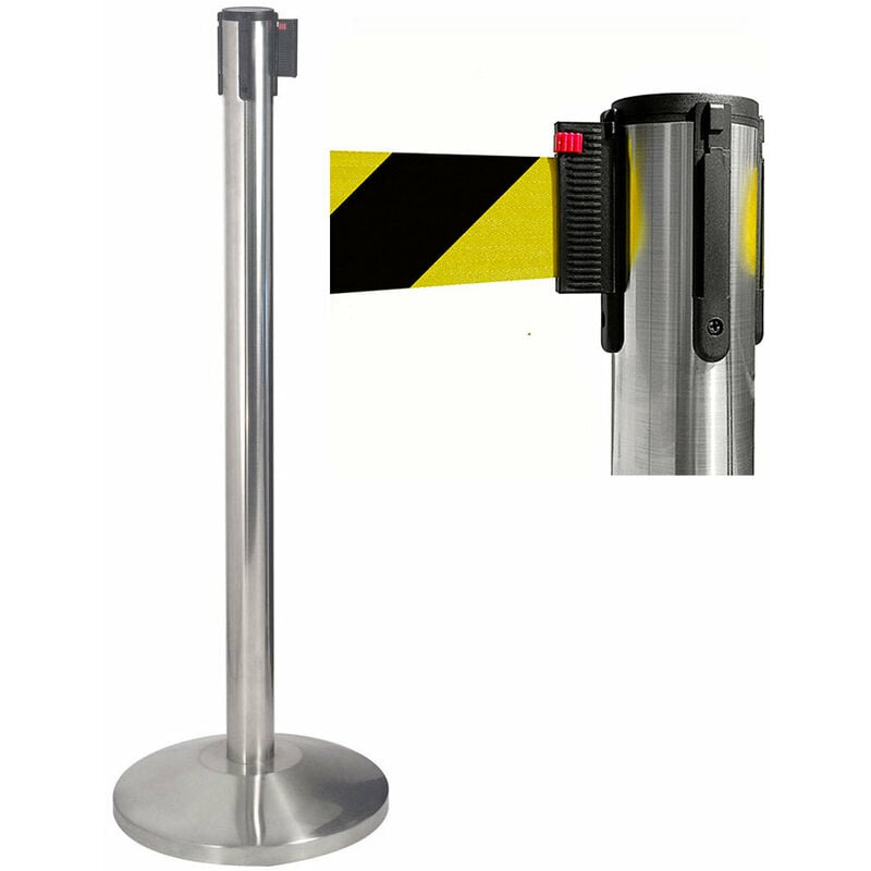 foto del prodotto colonnina tendinastro 3 metri in acciaio inox spazzolato 36x101 cm nastro giallo nero