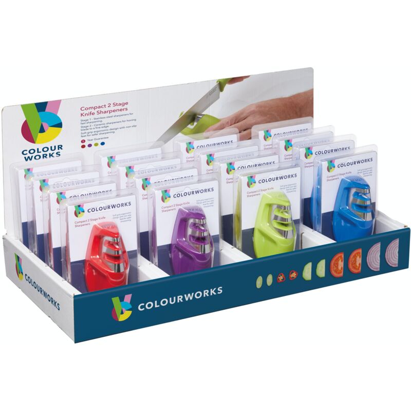 foto del prodotto colourworks display luminoso di 16 affilacoltelli compatti a 2 fasi dai colori assortiti