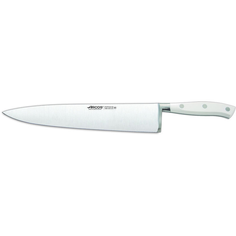 foto del prodotto coltello cuoco arcos riviera blanc 233824 nitrum steel, con mango poliossimetilene e lama 30 cm in scatola