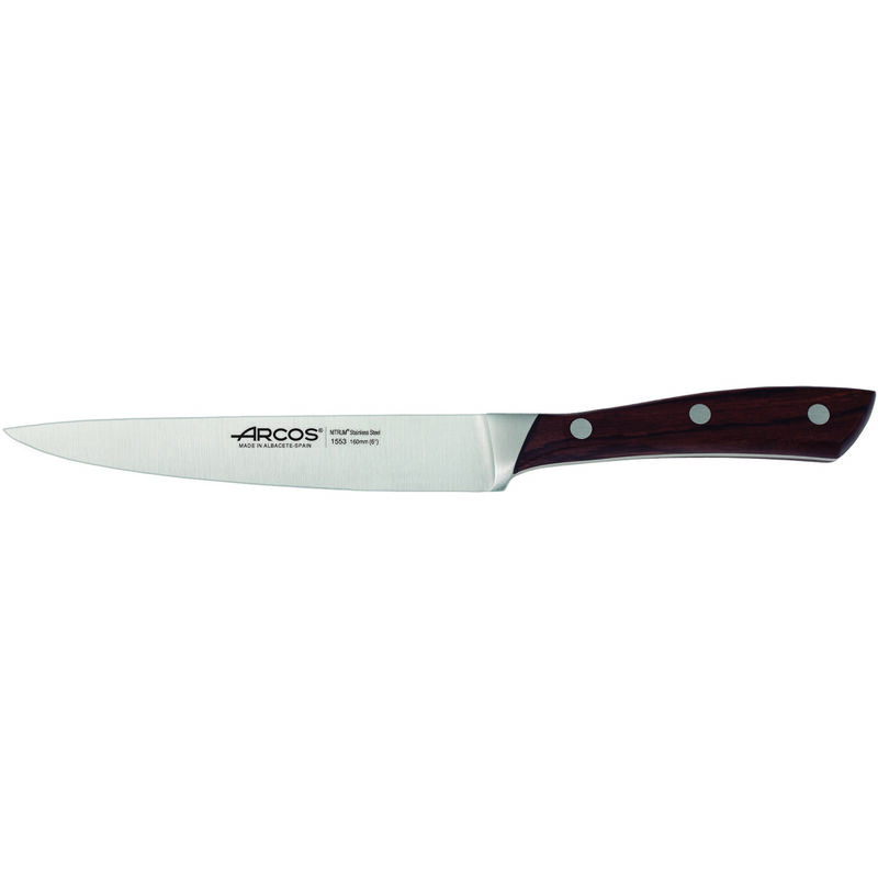 foto del prodotto coltello da cucina arcos natura 155310 di nitrum steel, mango di rosewood wood e 16 cm di blade in astuccio.