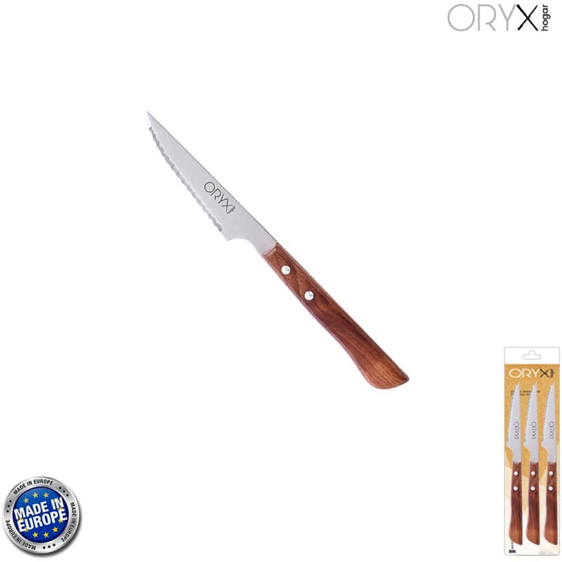 foto del prodotto coltello da montagna montan coltello da bistecca lama in acciaio inox 9 cm. manico in legno blister 3 pz. 